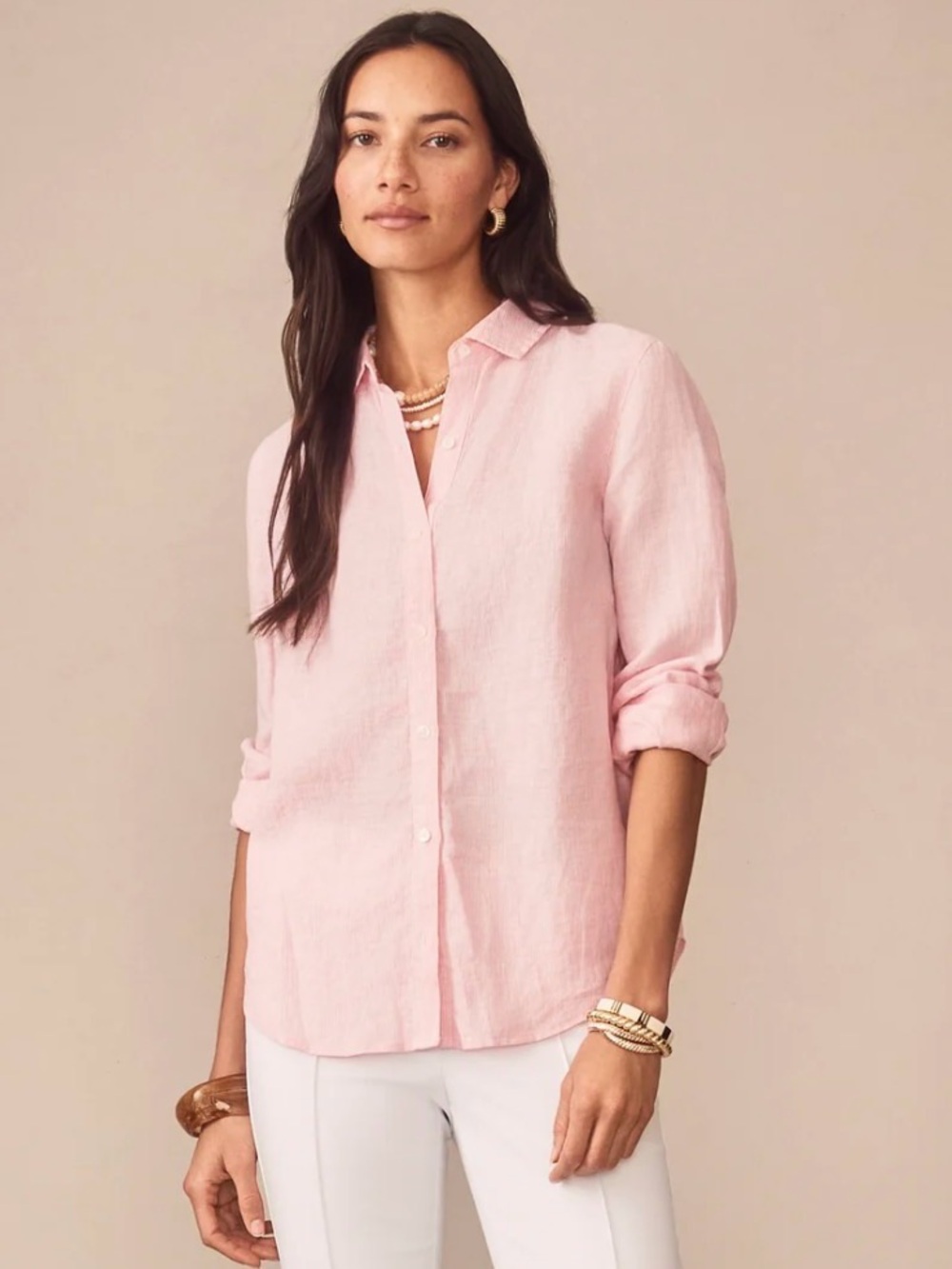 J. McLaughlin Lrg LINEN Minimalist Coastal Capsule Pink White Button Down Shirt - Picture 2 of 11